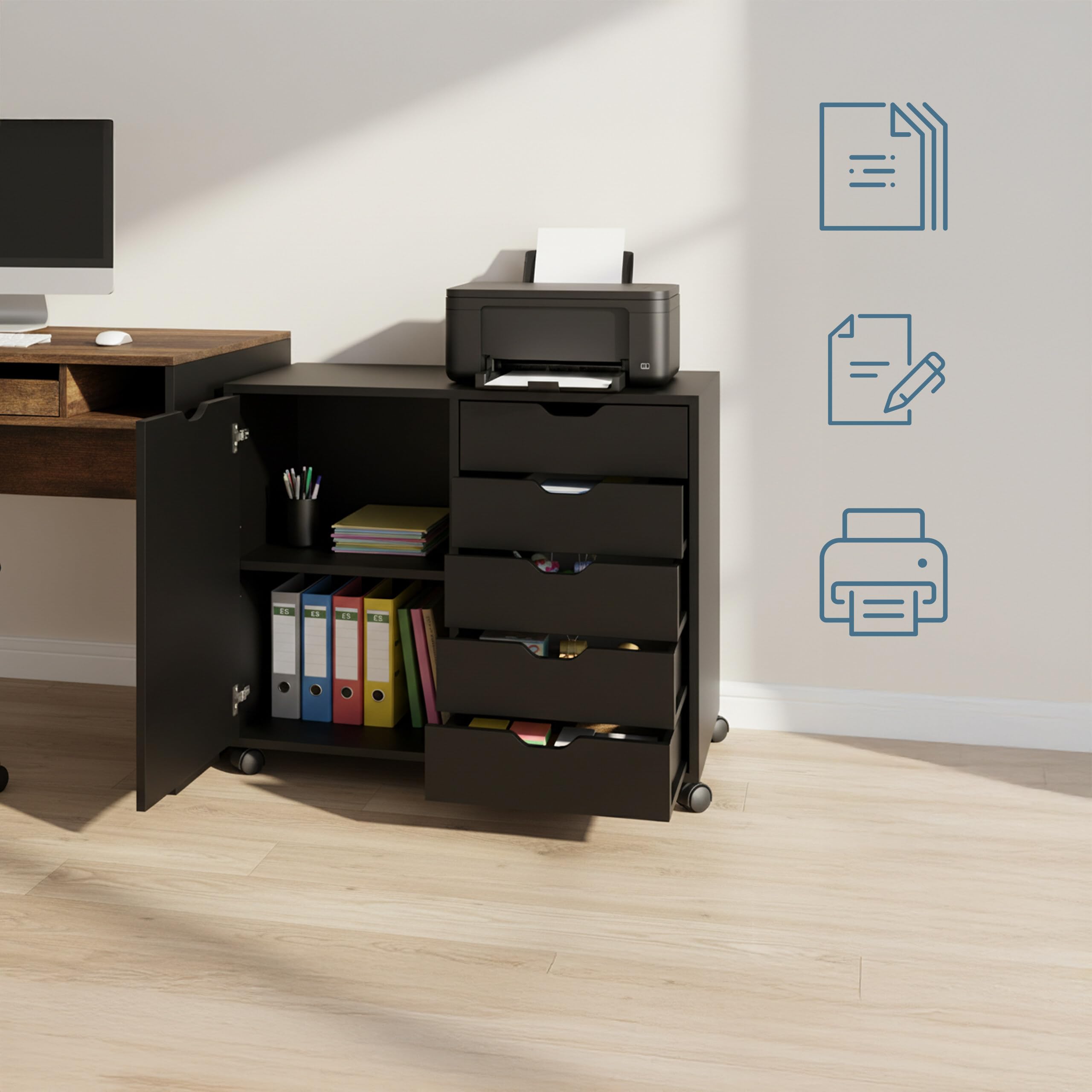 Contenitore con rotelle Relaxdays, 5 cassetti e 2 Scomparti, HLP: 65x78x40 cm, armadietto da Ufficio Mobile, Nero