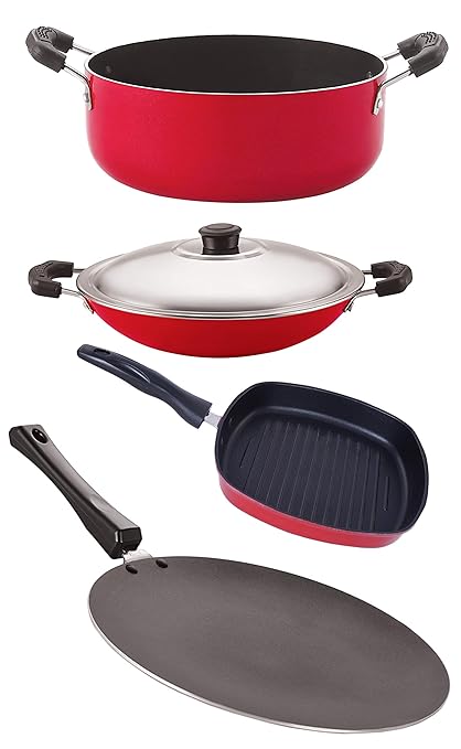 Nirlon Nonstick Cookware 4 Pieces Set Aluminum with PFOA Free Scratch Resistant Coating, Dishwasher Safe (Concave Tawa 28.5cm + Appa Chatti Steel Lid 1 LTR + Grill Pan 24.5cm + Casserole 3.1 LTR) (CT12_AC_GP24.5_CS24)