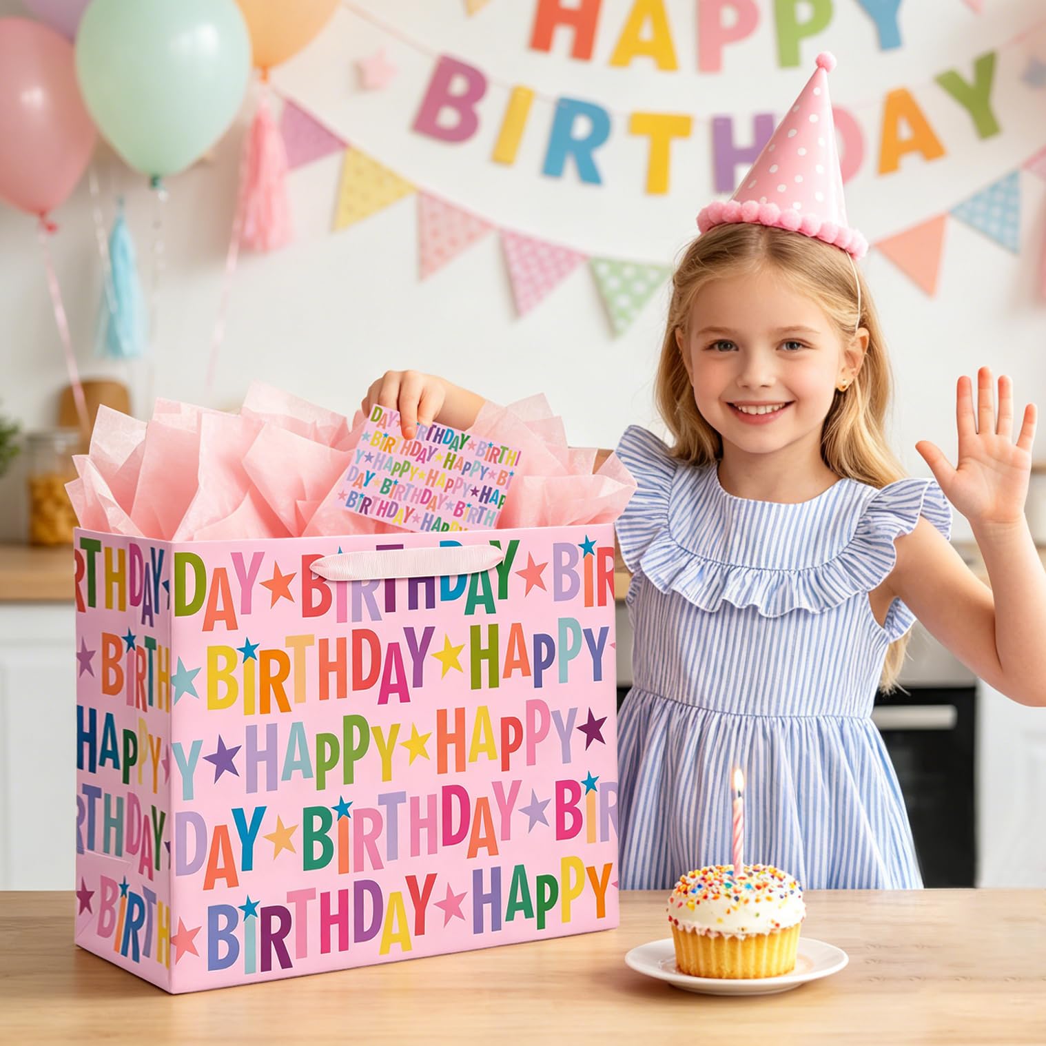 Juego de bolsas de regalo de cumpleaños extragrandes de 16.5 pulgadas con tarjeta de felicitación y papel de seda, diseño de letras coloridas para celebraciones de cumpleaños de niñas, niños y adultos