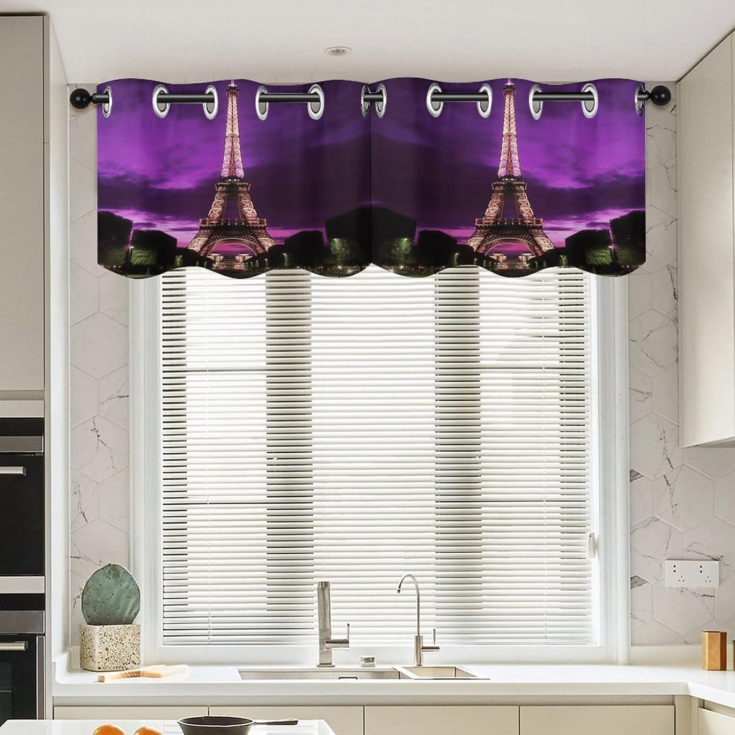 Purple Eiffel Tower 2 Pack Valance Curtains Window Treatments. Adjustable Curtain with Rod Pocket.Cafe Curtains is Half Curtains for Privacy Decorative 52x18.1 Inch.
