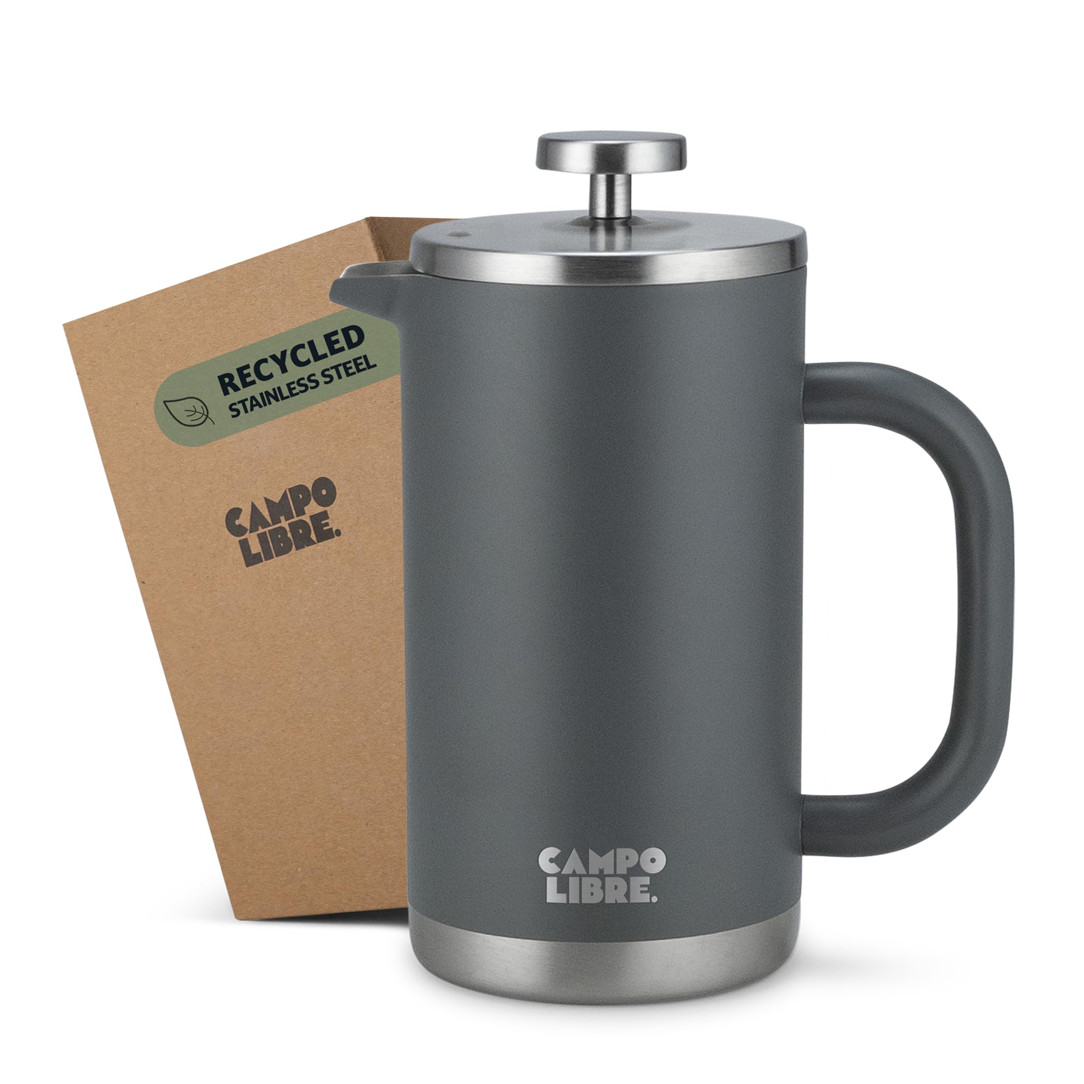 Campo Libre.® Giorgio. French Press, Coffee Press – 600ml Stainless Steel Cafetiere, Double-Wall Insulated, Plastic-Free, Thermal Coffee Maker with Spare Filter – Dishwasher safe - Recycled Steel.
