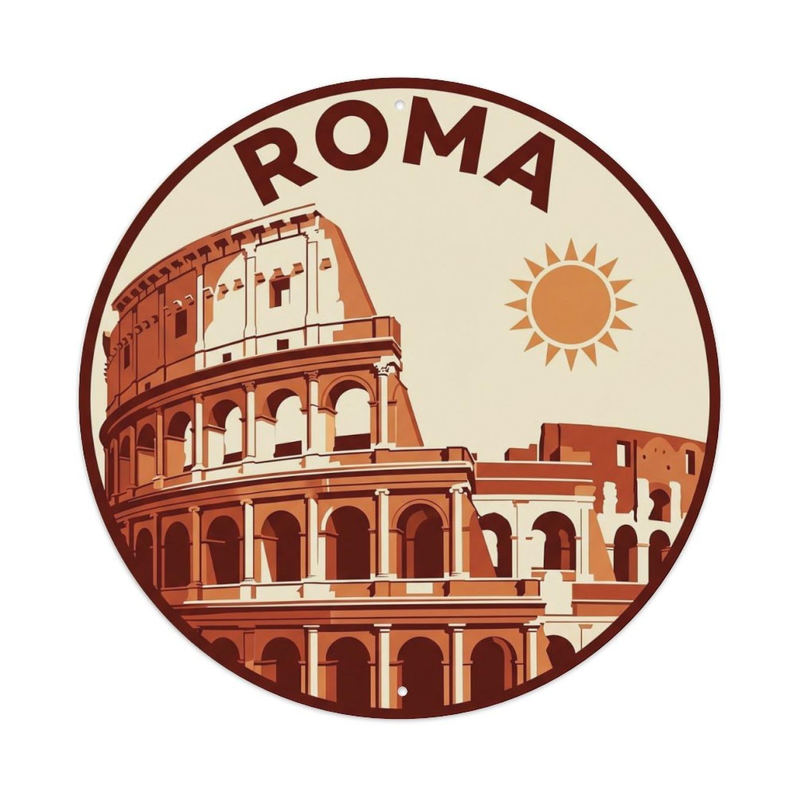 Vintage Travel Rome Colosseum Landmark Metal Tin Sign Plaque Wall Decor for Cafe, Club Bar, Office, Home Garden Round Metal Poster 8x8Inch