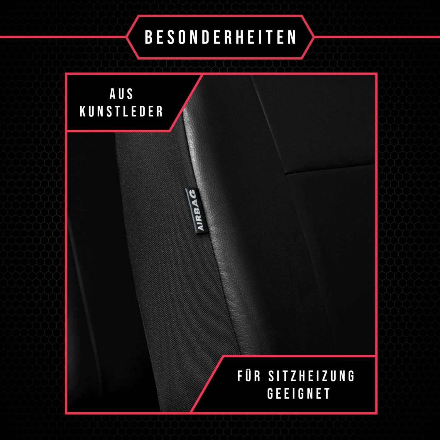 2er Set Autositzbezüge PKW universal | Auto Sitzbezüge Kunstleder Schwarz für Airbag geeignet | für Vordersitze | 1+1 Autositze vorne