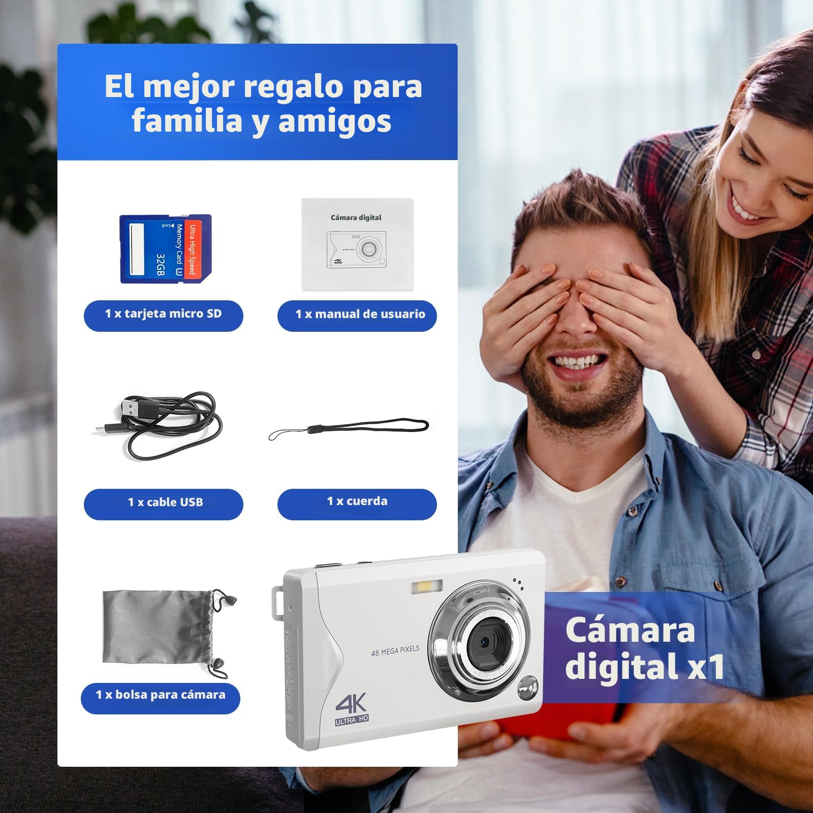 Cámara Digital CCN, 48MP 1080P FHD Cámara de Fotos con Pantalla de 3.0 Pulgadas, 16X Zoom Digital Cámara Compacta Portátil con 32GB Tarjeta TF, Cable USB, para Adolescentes Niños Adultos, Blanco