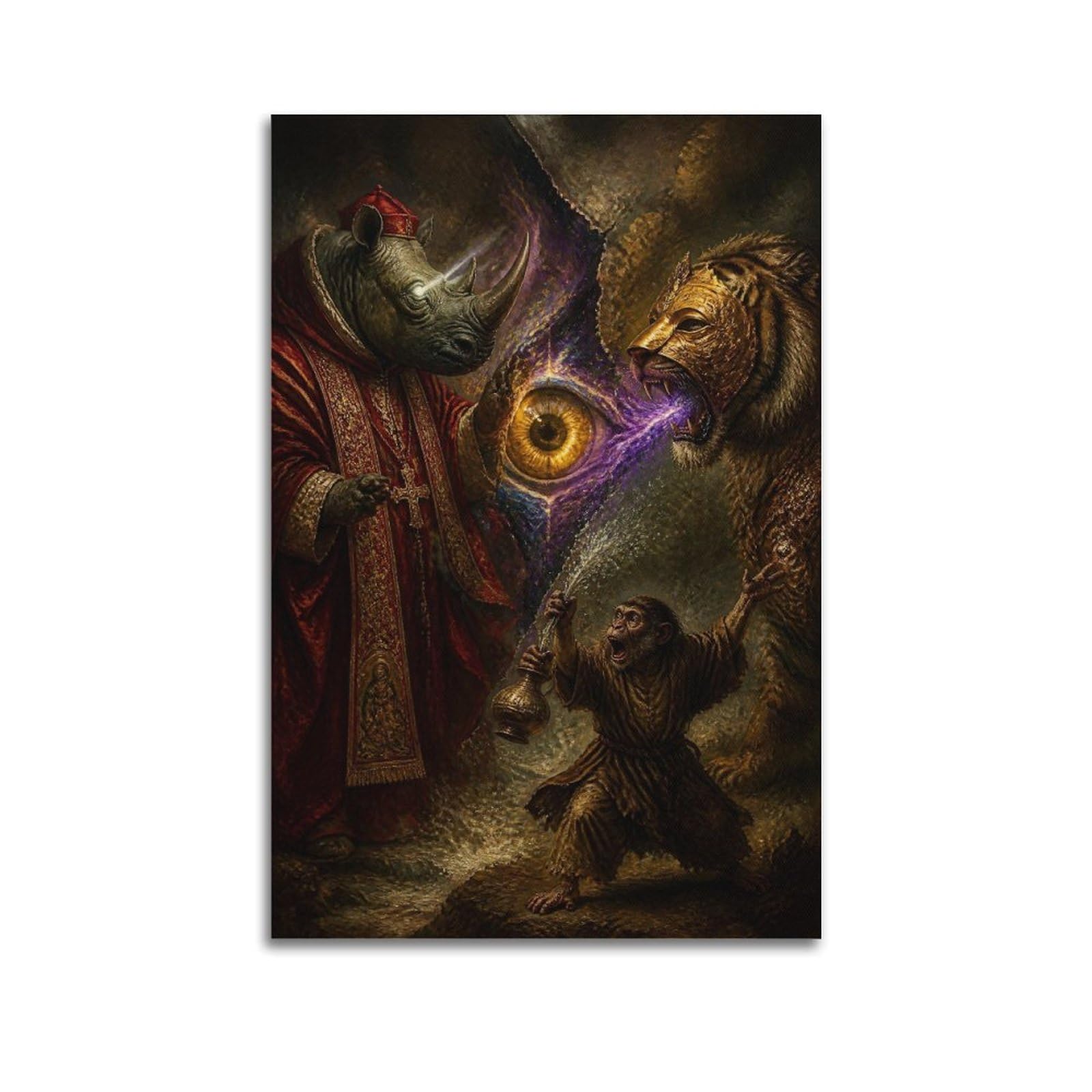 XKUGA Surreal Renaissance Animal Poster Rhinoceros Tiger Monkey Eye Modern Decorative Canvas Prints - Ideal Wall Art for Family, Man Cave, Game Room, Boys & Girls Bedroom 20x30inch(50x75cm)