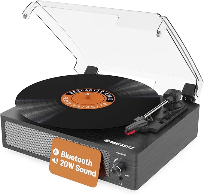 Tocadiscos de Vinilo de 20 W con Altavoces | Entrada Bluetooth con Salida AUX y RCA | Velocidad de reproducciรณn mรบltiple y Adaptador de 45 RPM | Vinilo de Audio de Madera | Giradiscos Oakcastle TT100