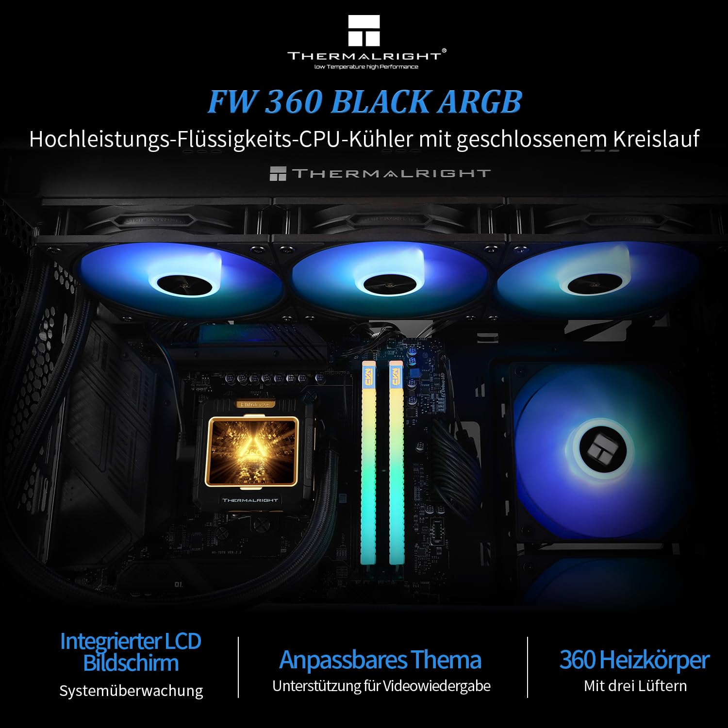 Thermalright FW 360 Schwarz ARGB CPU-Wasserkühlung mit 3 PWM-Lüftern, IPS 320 * 240 Auflösung LCD-Bildschirm, flüssiger CPU-Kühler für AMD/Intel PC Aio-Kühler: AM4/AM5/LGA1700/1851