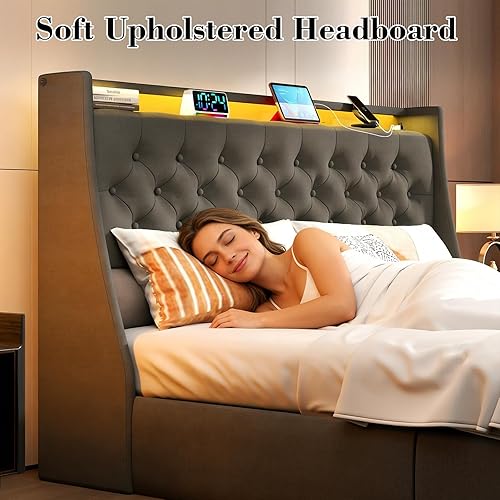 Miniatura 5 de Base de cama tamaño Queen con 4 cajones de almacenamiento y luces LED, marco de cama Queen con cabecera tapizada y estación de carga, soporte de