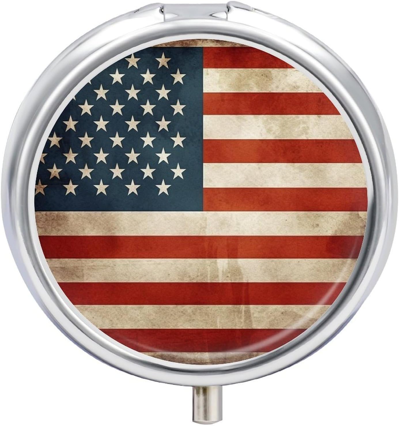 Vintage American USA Flag Pill Case Moistureproof Dustproof Round Pill Box Portable Pill Organizer with 3 Compartment for Vitamins, Fish Oil, Pill