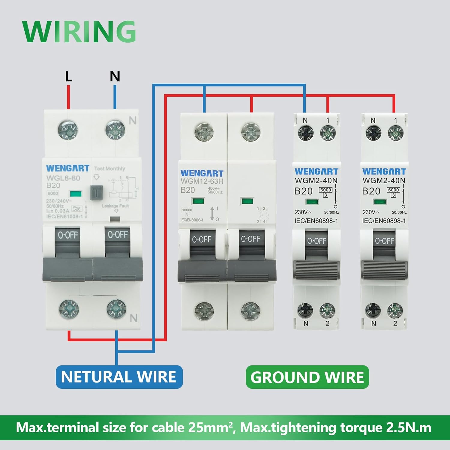 Wiring diagram showing connections for a 2-pole circuit breaker with neutral and ground wires, illustrating proper input and output terminal connections.