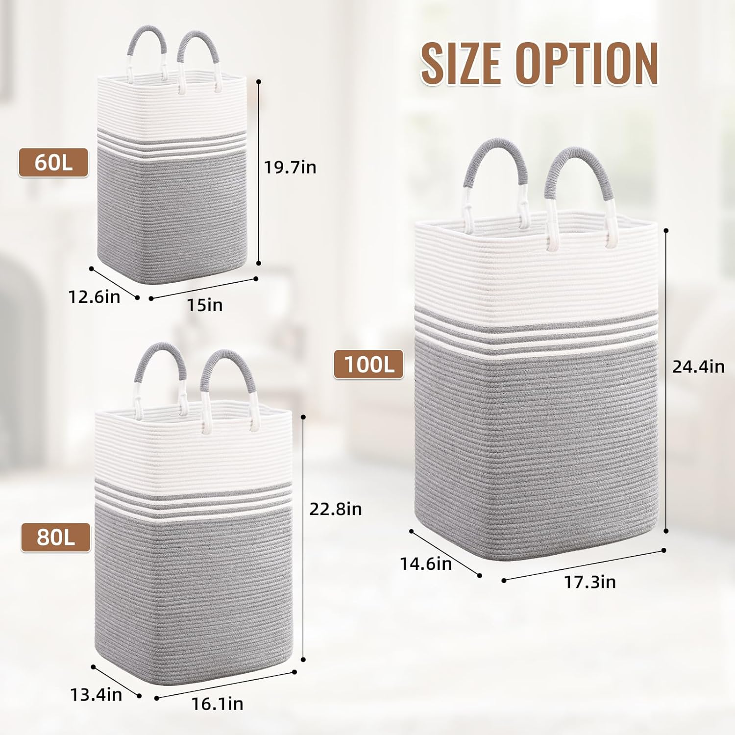 Laundry Basket Hamper,Blanket Storage,Dirty Clothes Hamper with Swivel Handles,Woven Cotton Rope Toy Baskets,Blanket Basket Living Room,Decorative Hampers for Nursery,Bedroom,White & Gray,100L