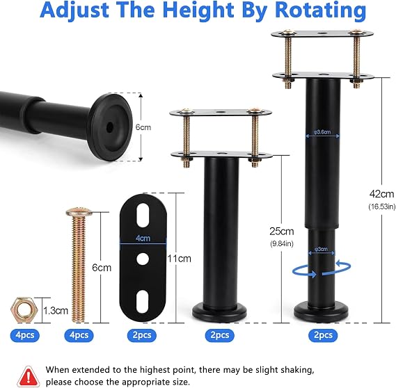 2Pcs Adjustable Bed Support Legs: Retractable Heavy Duty Bed Feet Extendable Bed Center Frame Slat Metal Leg Adjuster for Cabinet Sofa Furniture Frame Replacement Parts 9-16 Inch (Black)