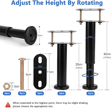 2Pcs Adjustable Bed Support Legs: Retractable Heavy Duty Bed Feet Extendable Bed Center Frame Slat Metal Leg Adjuster for Cabinet Sofa Furniture Frame Replacement Parts 9-16 Inch (Black)