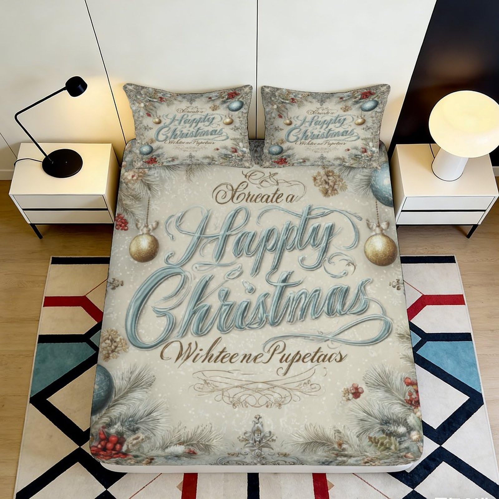 Qjzxknhpgr Style-5 3D Printed Vintage Christmas Fitted Sheet Microfiber Soft Festive Lettering Bed Cover For Bedroom Guest Room Decor 90X200x25cm