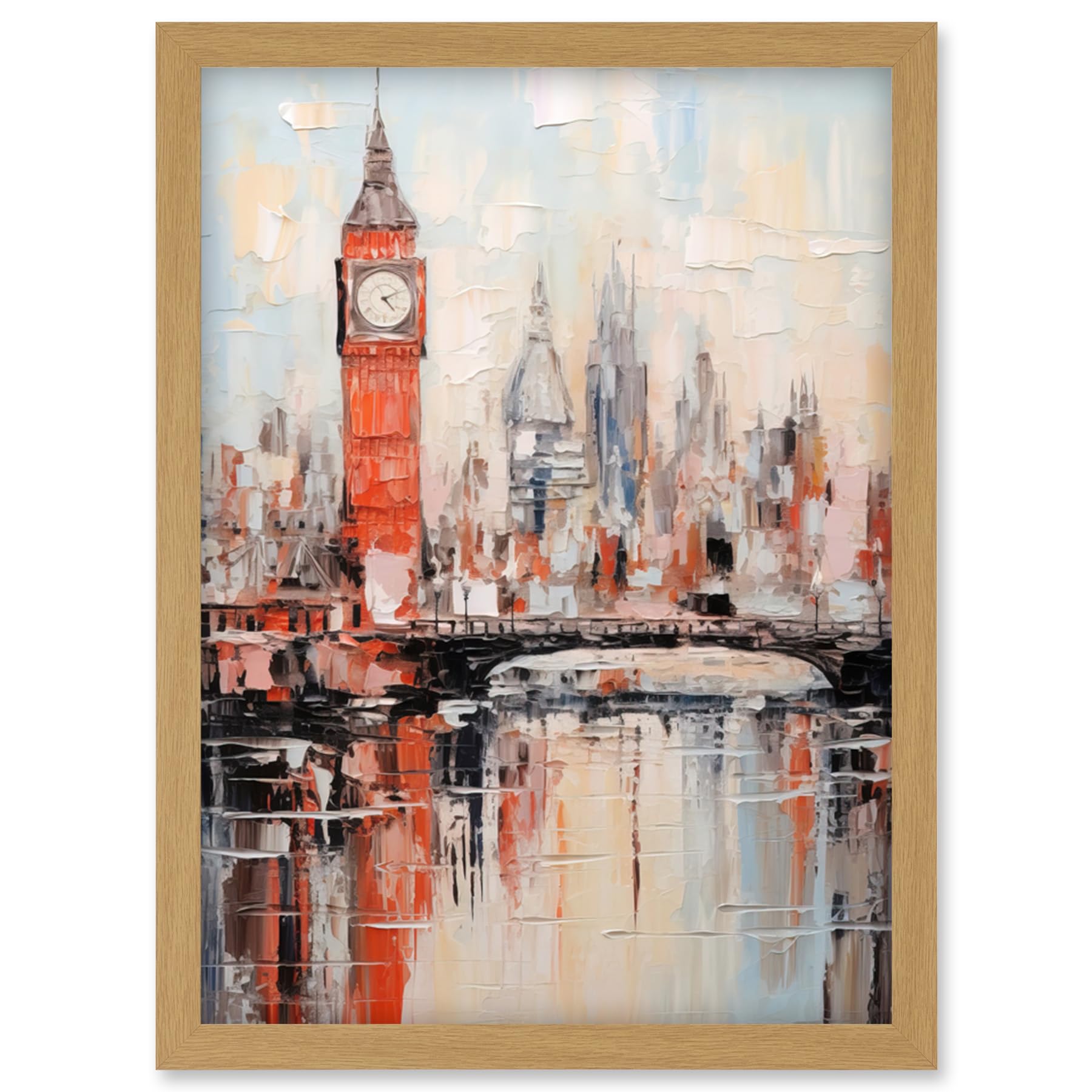 Artery8 London Skyline Abstract Oil Painting Thick Paint Red Big Ben River Thames Westminster Bridge England City Artwork Framed Wall Art Print A4
