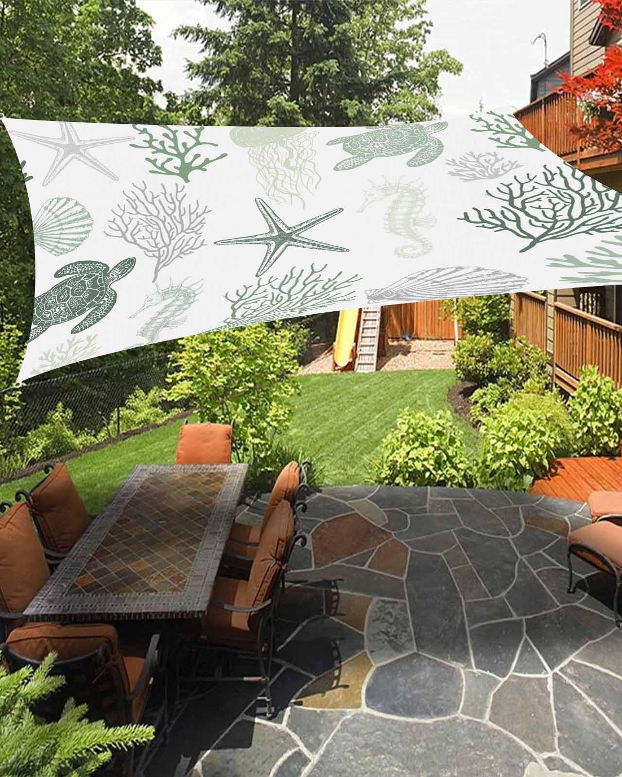 Sage Green Coastal Turtle Sun Sail Shades Rectangle Canopy,Sunlight Block Heavy Duty Curved Backyard Shade Cover,Waterproof Sun Shades for Patio Outdoor,12'x16' Starfish Jellyfish Coral Shell Seahorse