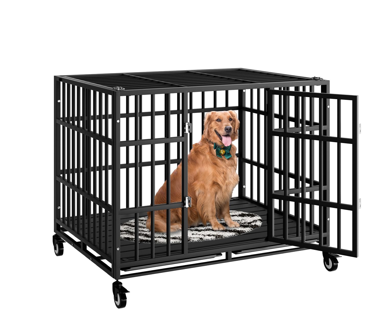 HMHTCT 42 Inch Heavy Duty Dog Crate with Wheels,Indestructible Escape-Proof Dog Kennel with Locking Latch and Double Door,Extra Large XL XXL Crate