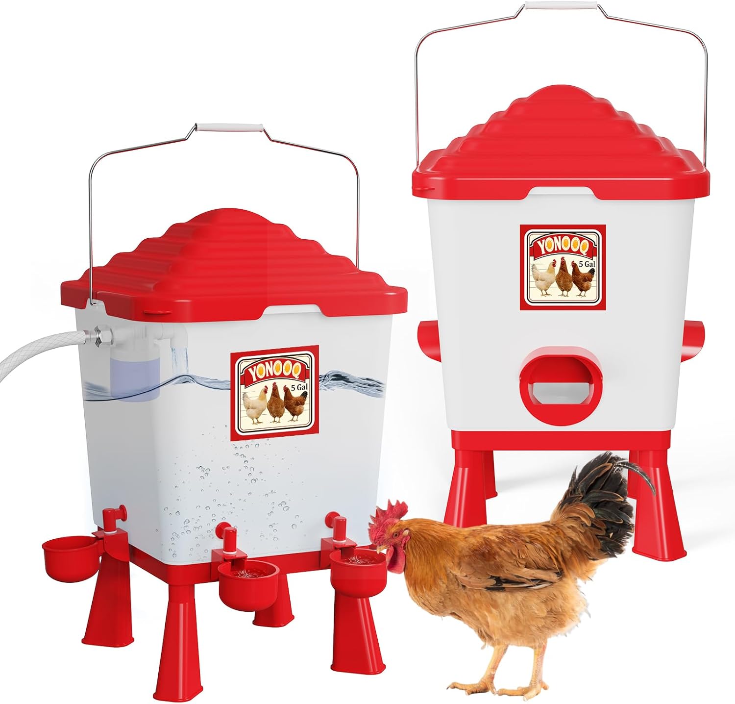5 Gallon/26 Pounds Automatic Chicken Feeder and Waterer Set, Chicken Waterer with Automatic Float Valve, No Waste, Rain Proof Poultry Feeder, Chick Coop Accessories, for Chicken, Duck, Turkey