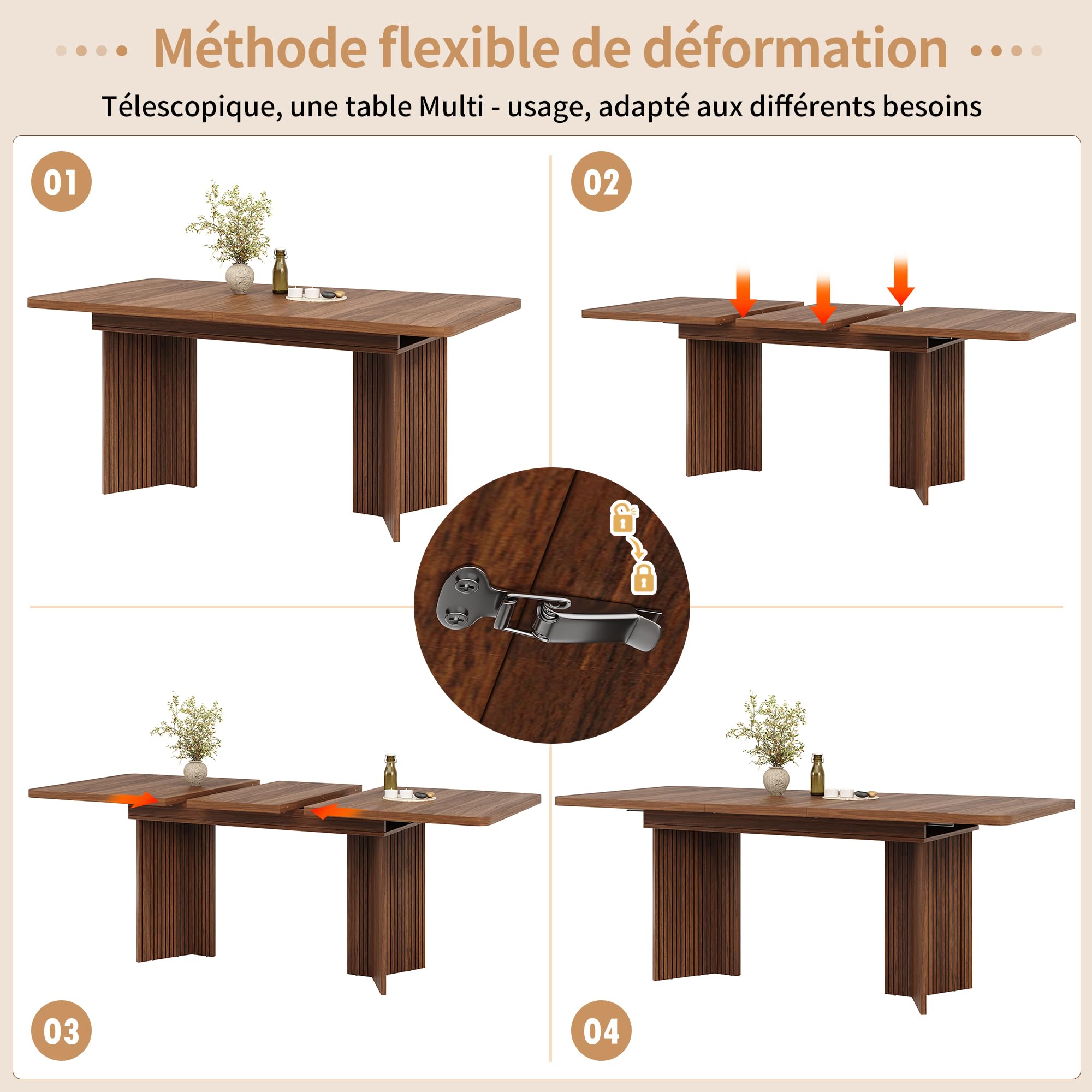 Table à Manger Extensible 120-160 cm, Table Salle à Manger Rectangulaire avec Pieds en V à Riffles Verticales, Table de Cuisine en Bois, Design Moderne pour Salle à Manger, Noyer