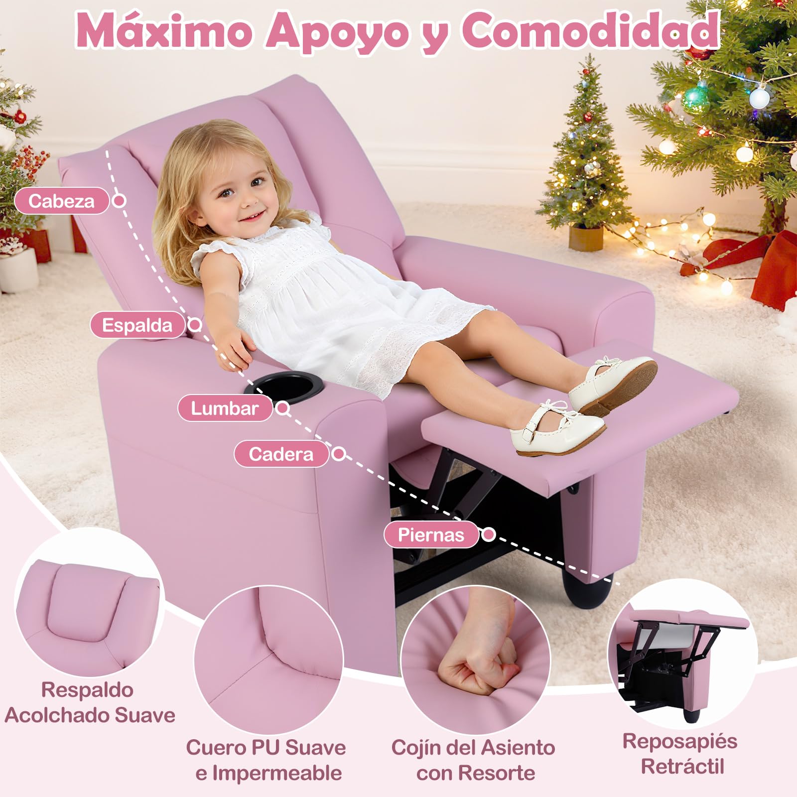 COSTWAY Sillón Reclinable para Niños, Sillón Reclinable con Portavasos y Reposapiés Ajustable para Sala de Estar y Área de Juegos, Silla para Niños de 3+ Años (Rosa)