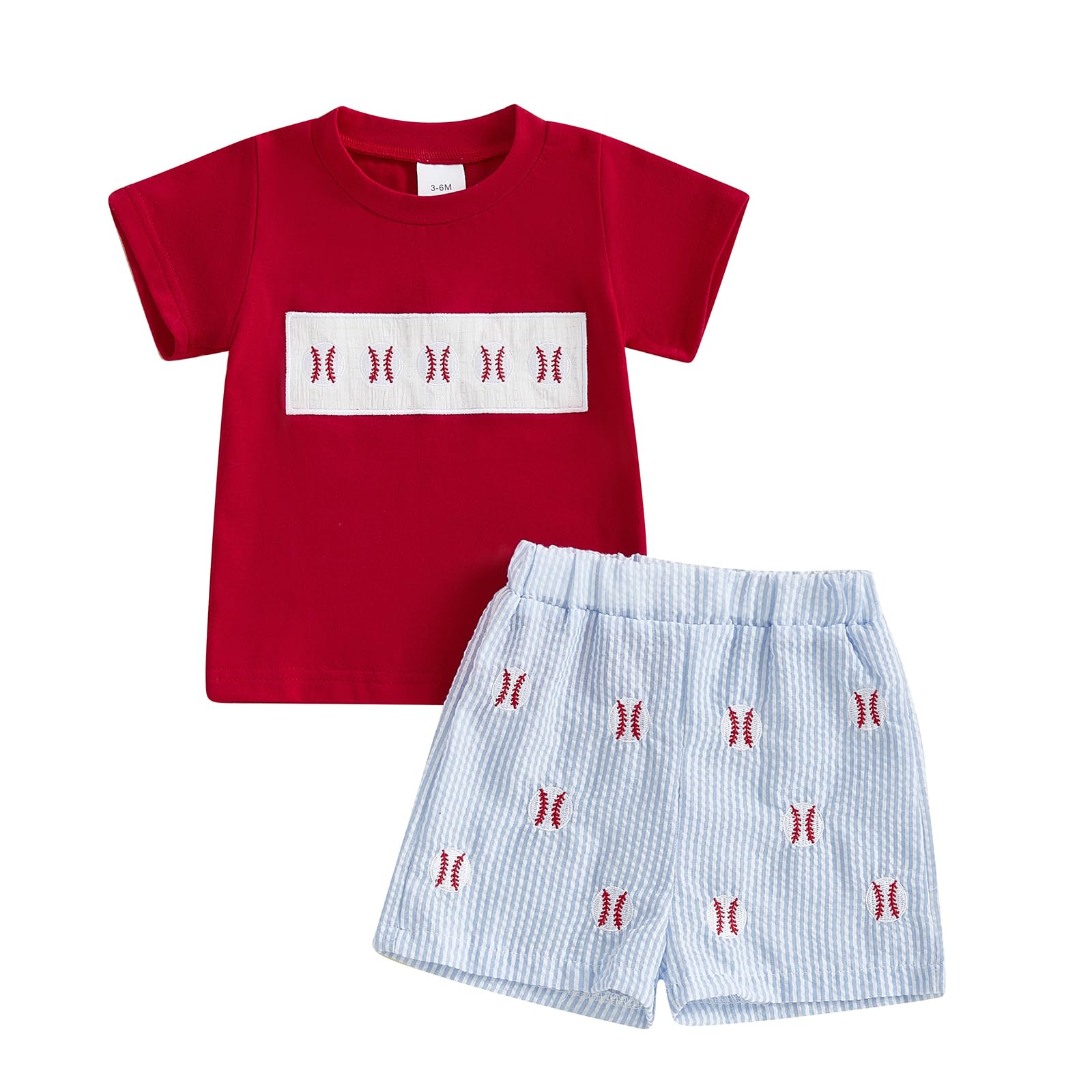 Gaono Toddler Baby Boy Baseball Outfits Embroidery Short Sleeve T-Shirt Plaid Shorts Set 2 Piece Summer Clothes (Deep Red, 6-12 Months)