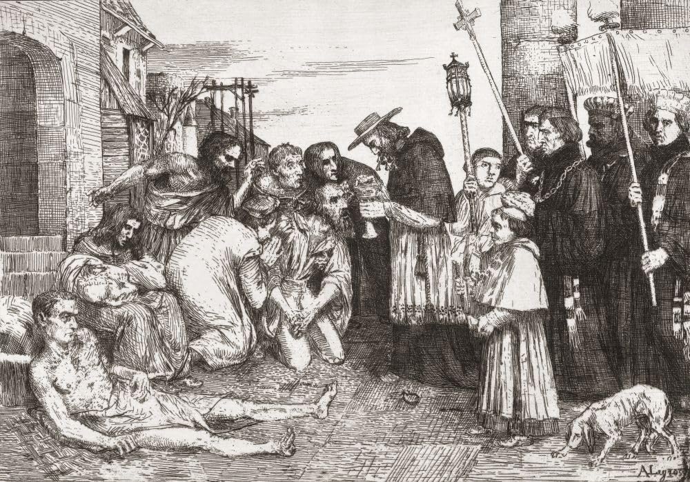 Ofiary zarazy w Rzymie po akwafortie francuskiego artysty a Legrosa 1837 - 1911. Osoby dotknięte zarazą otrzymują ostatni sakrament od kardynała, w którym uczestniczą ministranci i kapłani