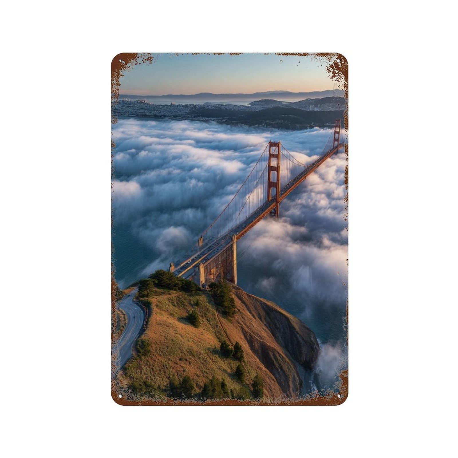 Golden Gate Bridge in Fog-3 Rustic Tin Plaque 11.8"x7.9", Industrial Home Decor for Pub, Kitchen And Man Cave Decor