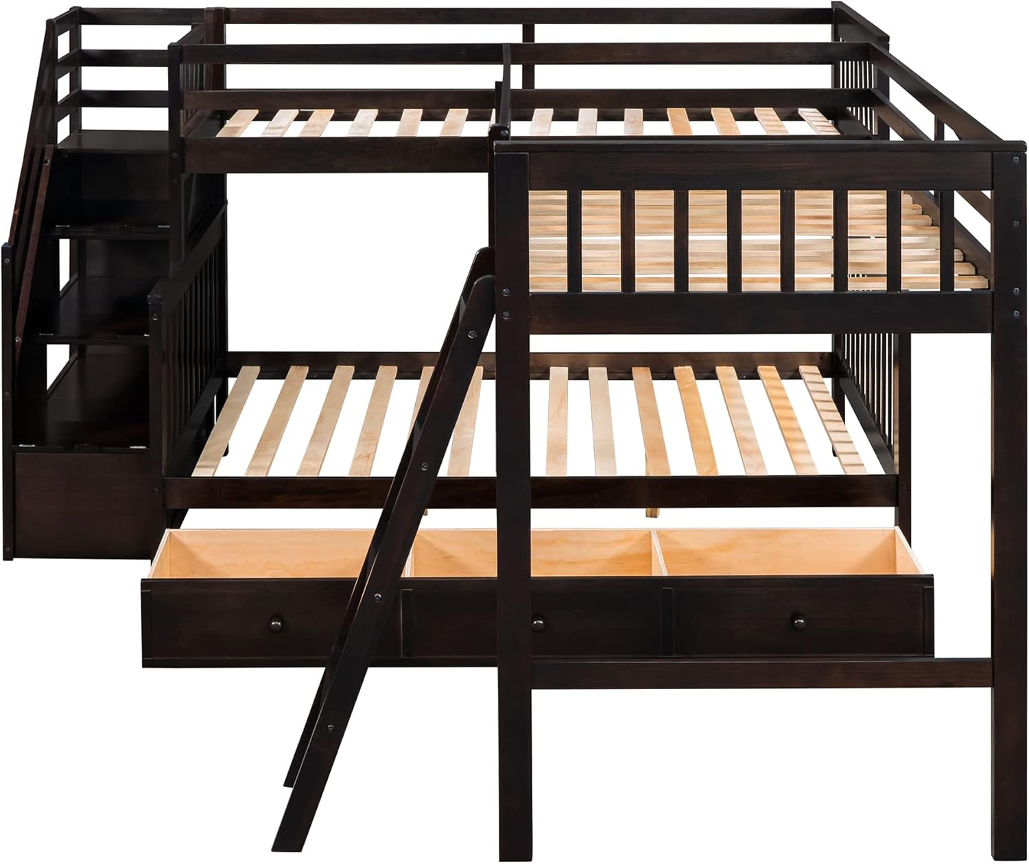 Lado view of the Bellemave bunk bed with under-bed drawers open