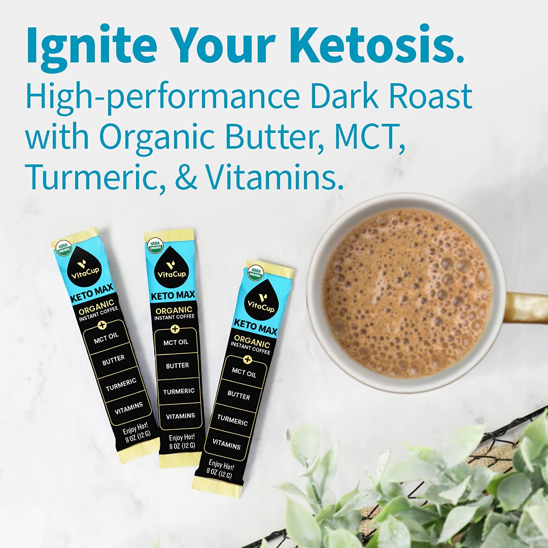 VitaCup USDA Organic Keto Max Dark Roast Instant Coffee Packets for Ketosis & Energy, w/ Butter, MCT Oil, Turmeric, B Vitamins, D3, 100% Arabica Coffee, All-In-One Keto Single Serving Sticks, 18 Ct