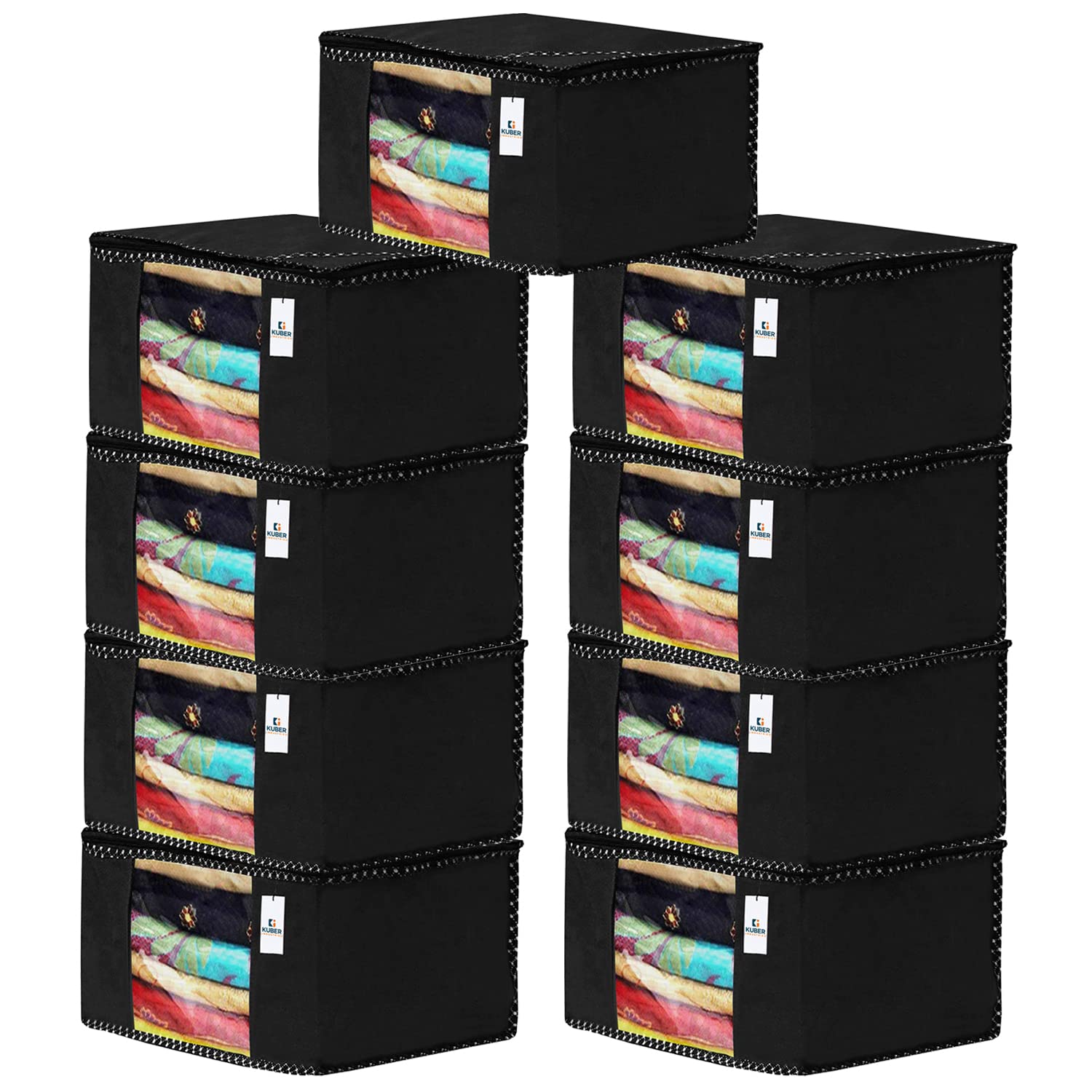 Kuber Industries Non Woven Foldable Solid Saree Covers With Zip|Wardrobe Organizer For Clothes|Transparent Window Keep 8 To 10 Saree|Suitable For Lehenga, Suit, Dress|Pack of 9 (Black), 33 x 22 cm