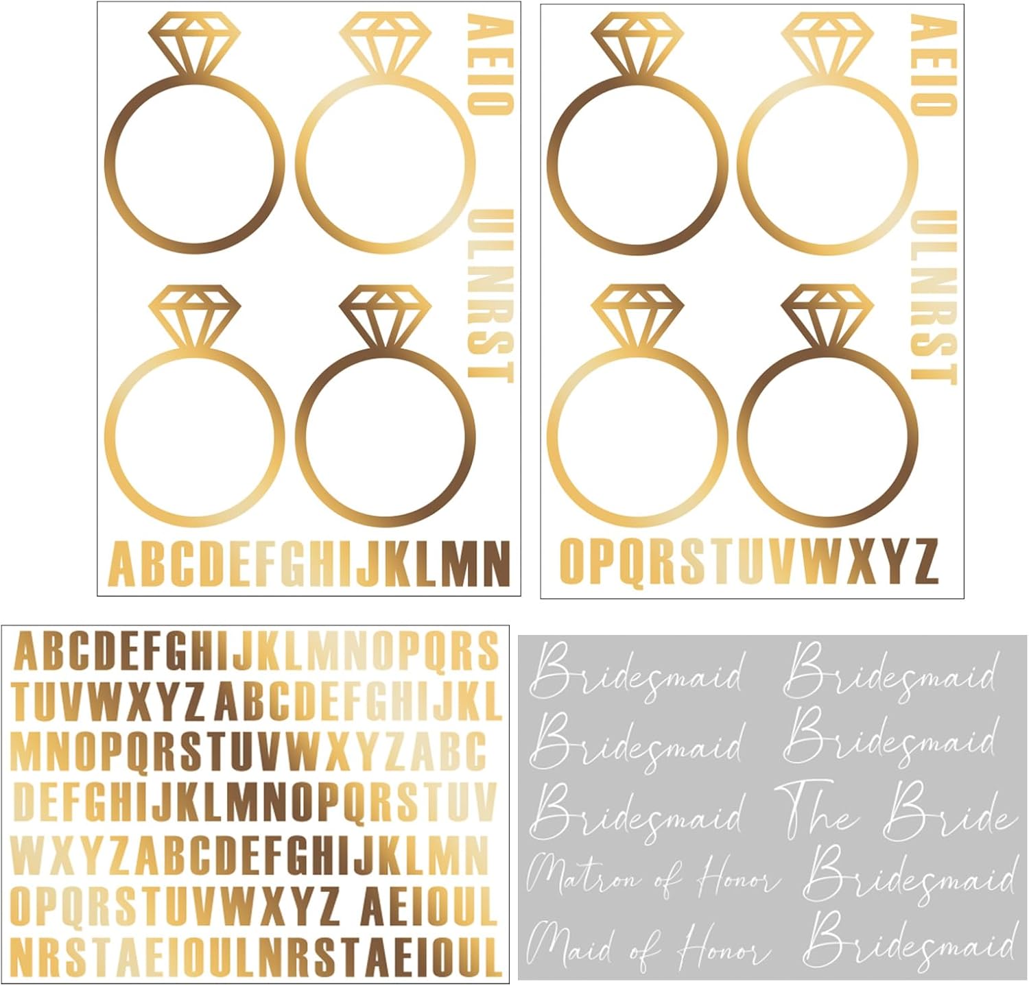 Honoson 6 Sheets UV DTF Cup Wrap Custom Letters Bridesmaid Cups Bridal Cup Tumbler Vinyl Name Decals Personalized Tumblers Waterproof Letter Stickers for Wedding Bachelorette Party (Hot Stamping)