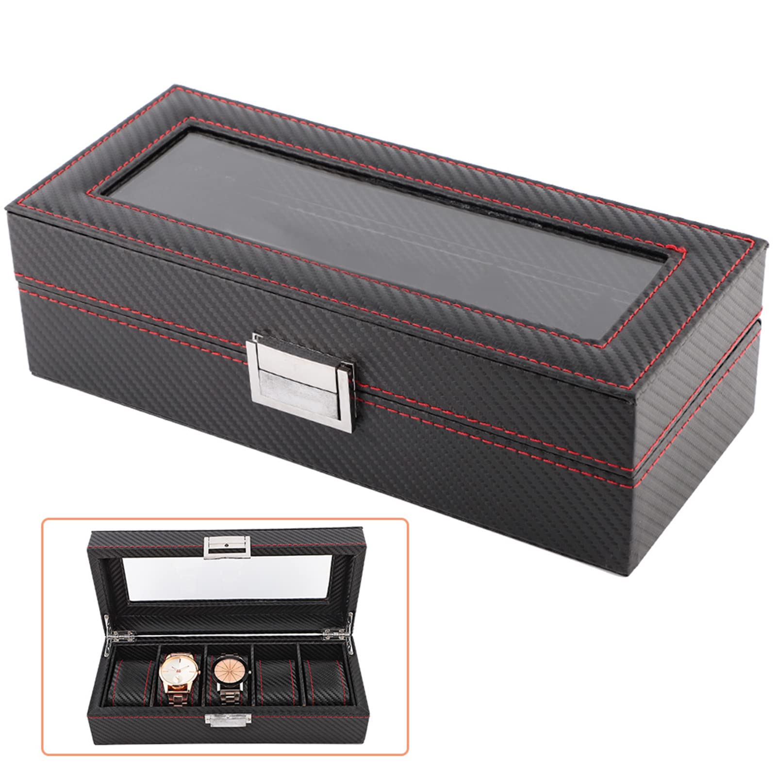 Caja para relojes de 5 compartimentos, estuche para relojes de fibra de carbono con costuras rojas, organizador de joyería de viaje para hombres y mujeres, almacena 5 relojes de