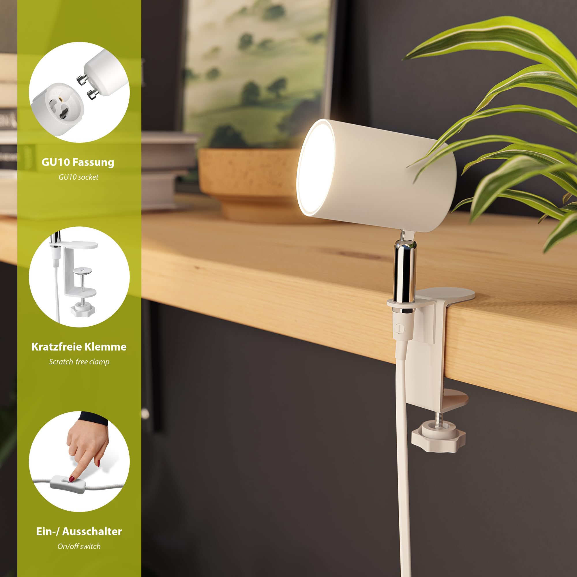ledscom.de 2 pz. morsetto luminoso WAIKA, interruttore, bianco opaco, incl. lampada LED GU10, 468lm bianco caldo