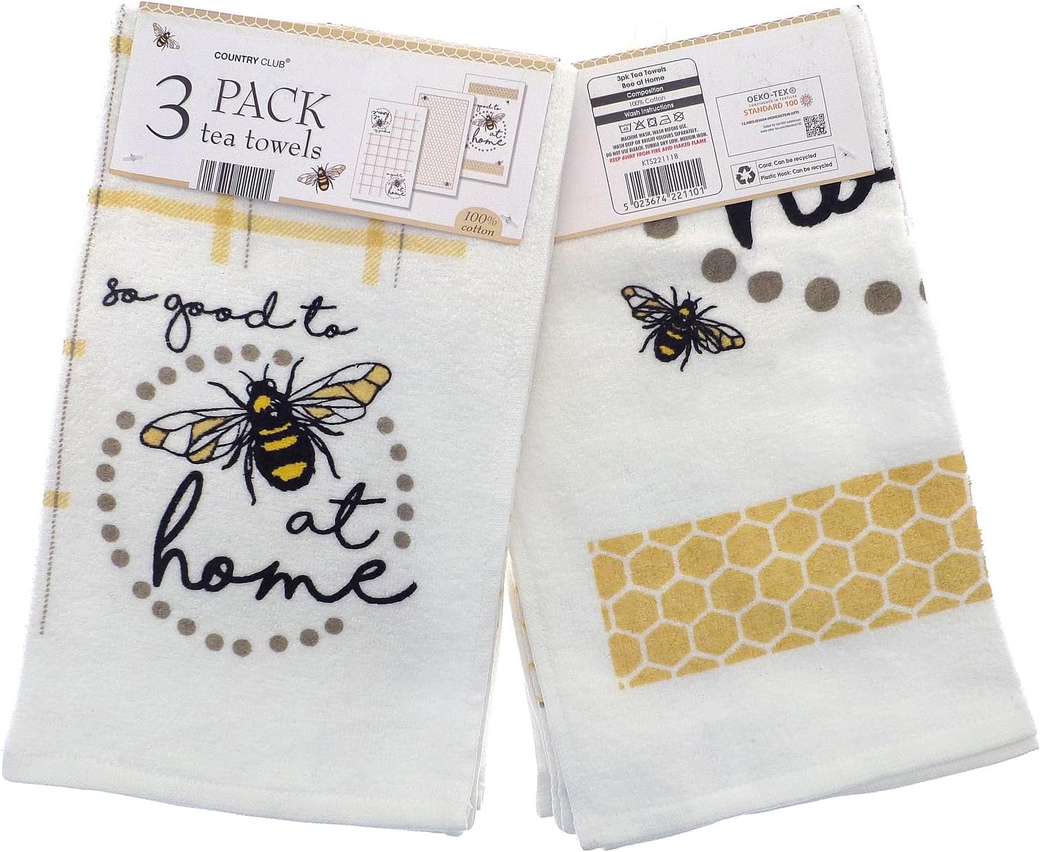 100% Cotton Pack of 3 Bee at Home Design Velour Kitchen Tea Towels