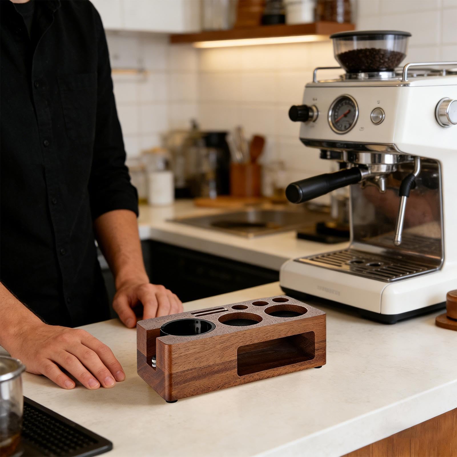 Tamper Station Multifunktionale Espresso Aufbewahrung aus Holz | Organizer Station für Kaffeezubehör Für Espresso Bar Zuhause Küche Wohnheim Gastronomie