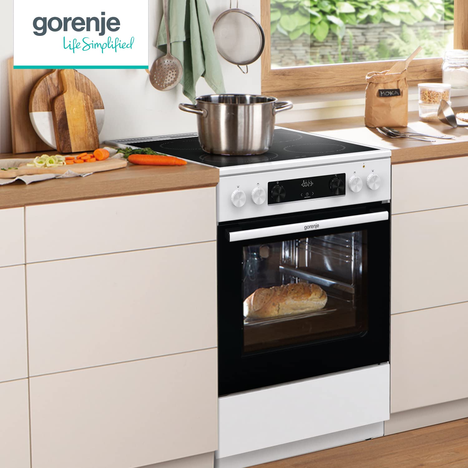 Gorenje GEC6C 40 WD Elektro-Standherd mit Glaskeramik-Kochfeld, 60cm, 71 Liter, Schnellaufheizung, PerfectGrill, Pizzamodus, AquaClean, weiß