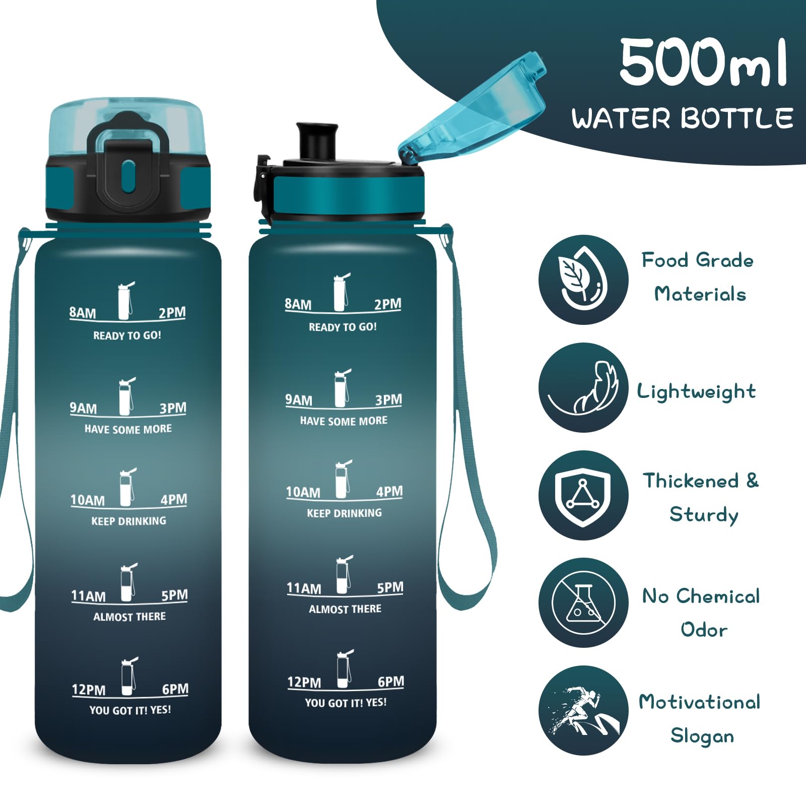 Trinkflasche Kinder, Trinkflasche 500ml, Auslaufsicher, Wasserflasche Kohlensäure Geeignet, Wasserflasche mit Motivierendem Slogan, Water Bottle für Schule, Schwimmen, Büro, Running, Camping - 3