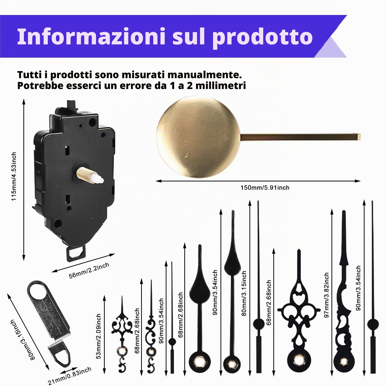 2 pezzi movimento a pendolo, silenzioso, al quarzo, movimento con 3 lancette e pendolo per orologio da parete, fabbrica di ricambio per orologio a pendolo, parti di riparazione fai da te (onda da 23