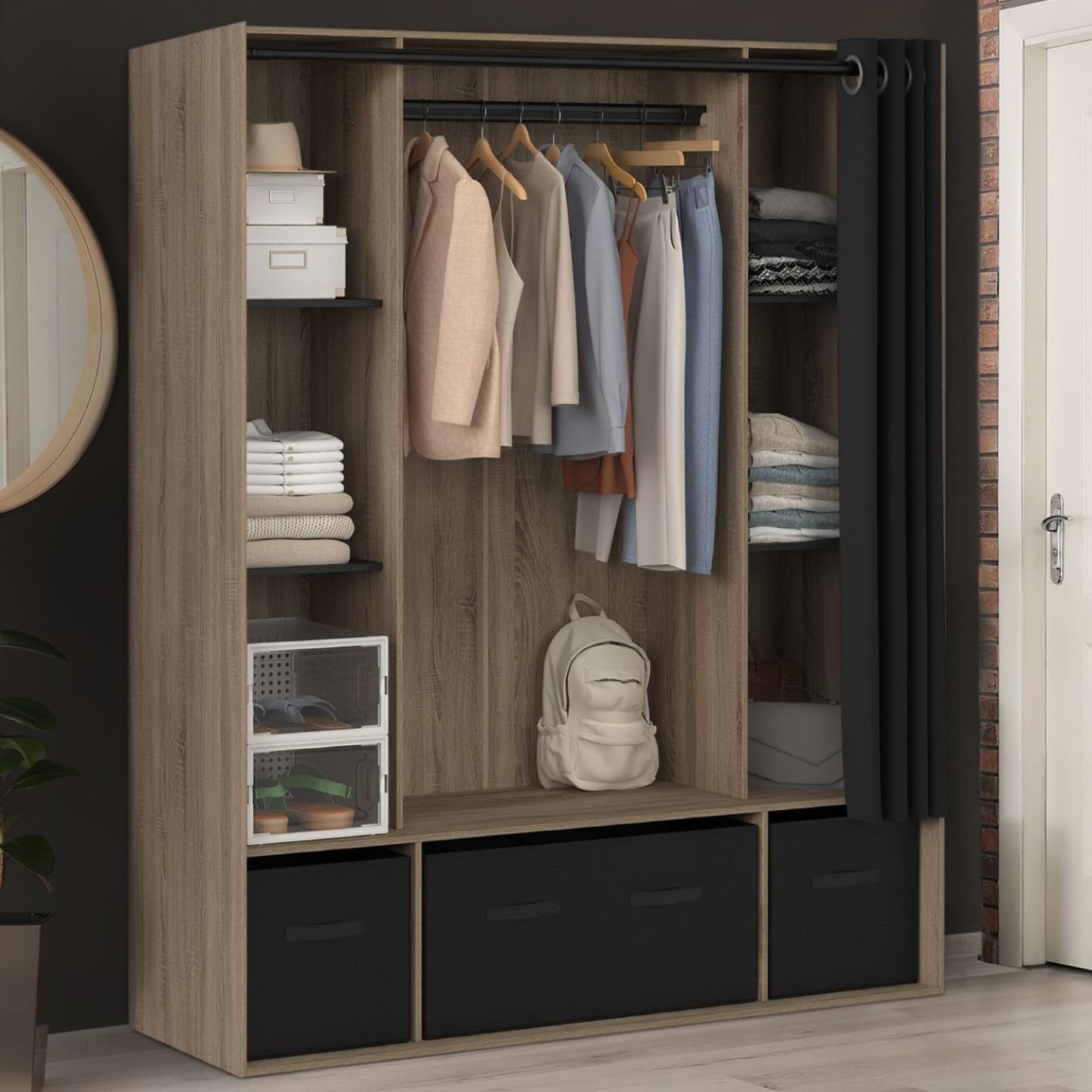 IDMarket - Dressing penderie DIANE 140 x 45 x 167 cm hêtre avec étagères + boites de rangement + rideau noir