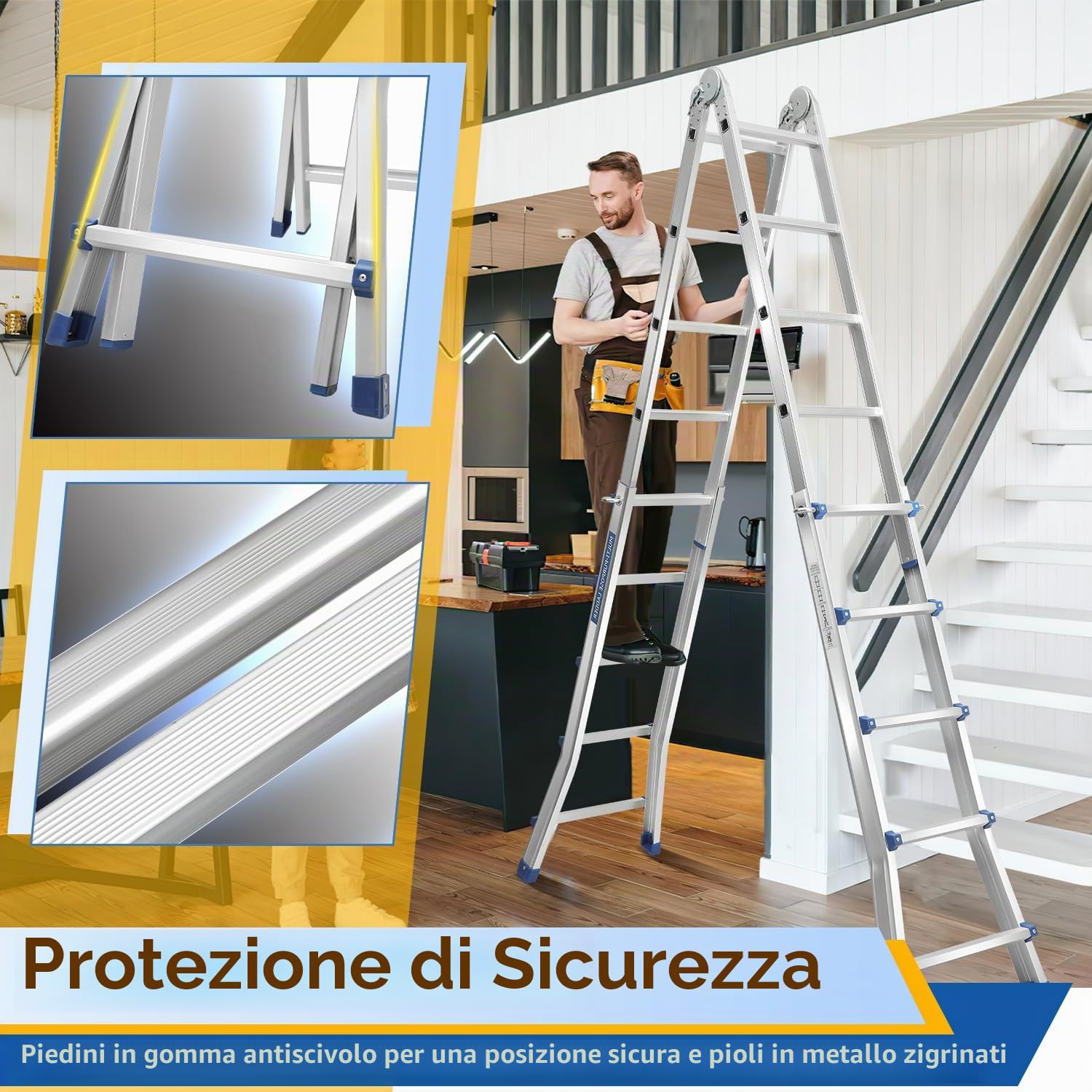 Scala Multiuso in Alluminio 4 in 1 - 513 cm, 4 x 5 Pioli, Telescopica, Capacità 150 kg, a Scorrimento Con Supporto Su Entrambi i Lati