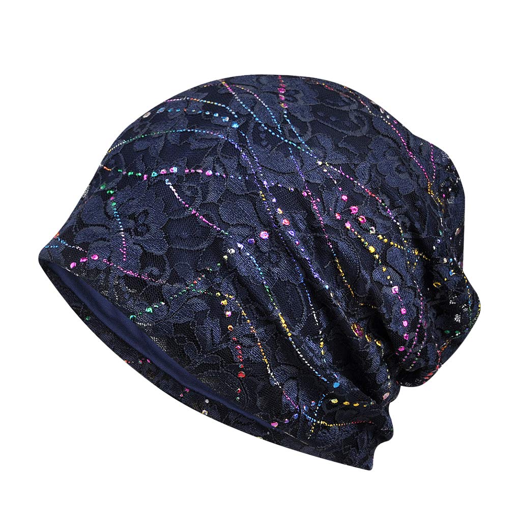 TINAYAUE Lace Slouchy Beanies for Women Soft Cotton Turban Hat Breathable Chemo Hat Night Sleep Cap Stylish Headwear Skull Cap Dark Blue