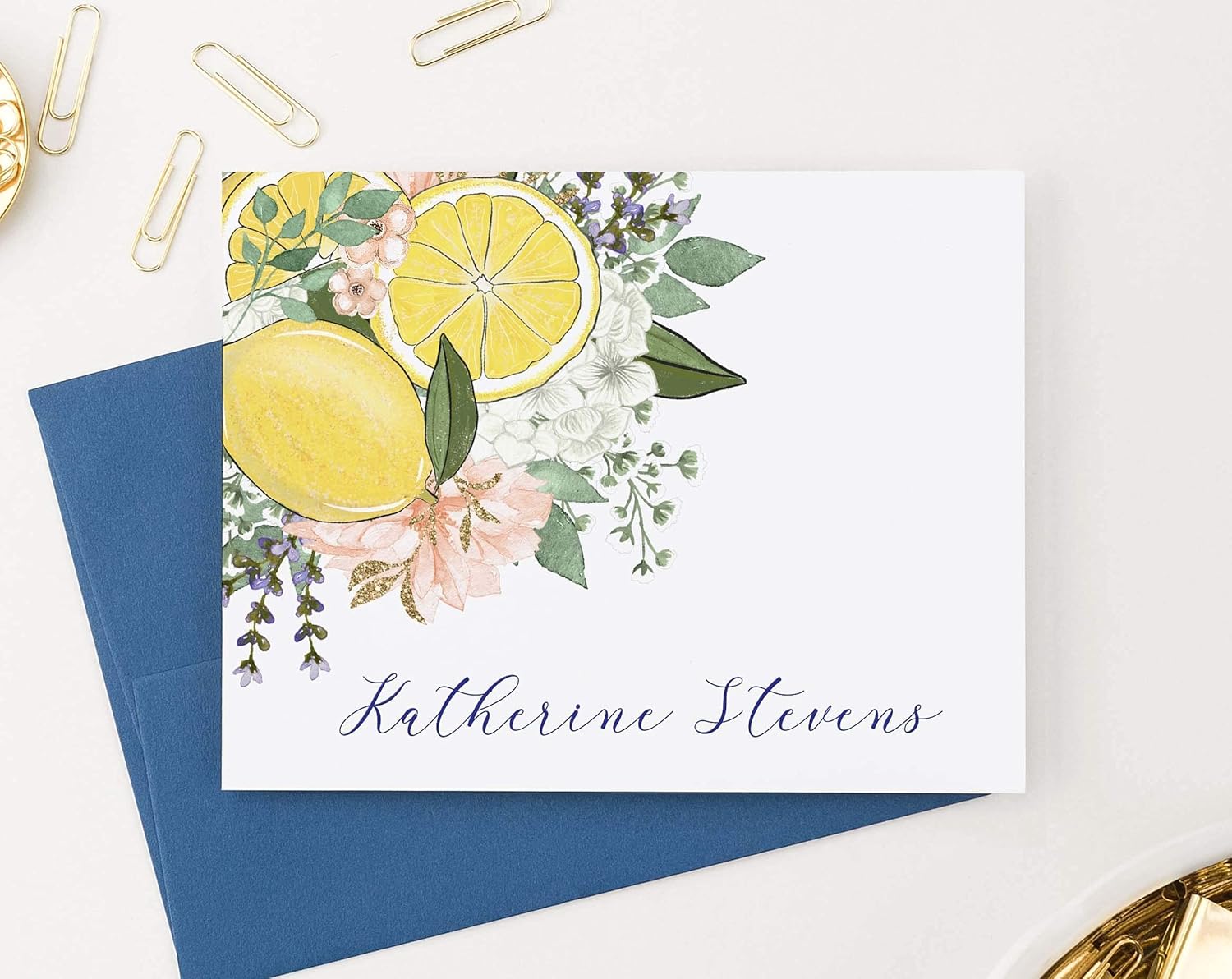 Greenery Personalized Stationery for Women, Personalized Lemon Citrus FOLDED Note Cards with Envelopes, Personalized Stationary for Women with Script Font, Your Choice of Colors and Quantity