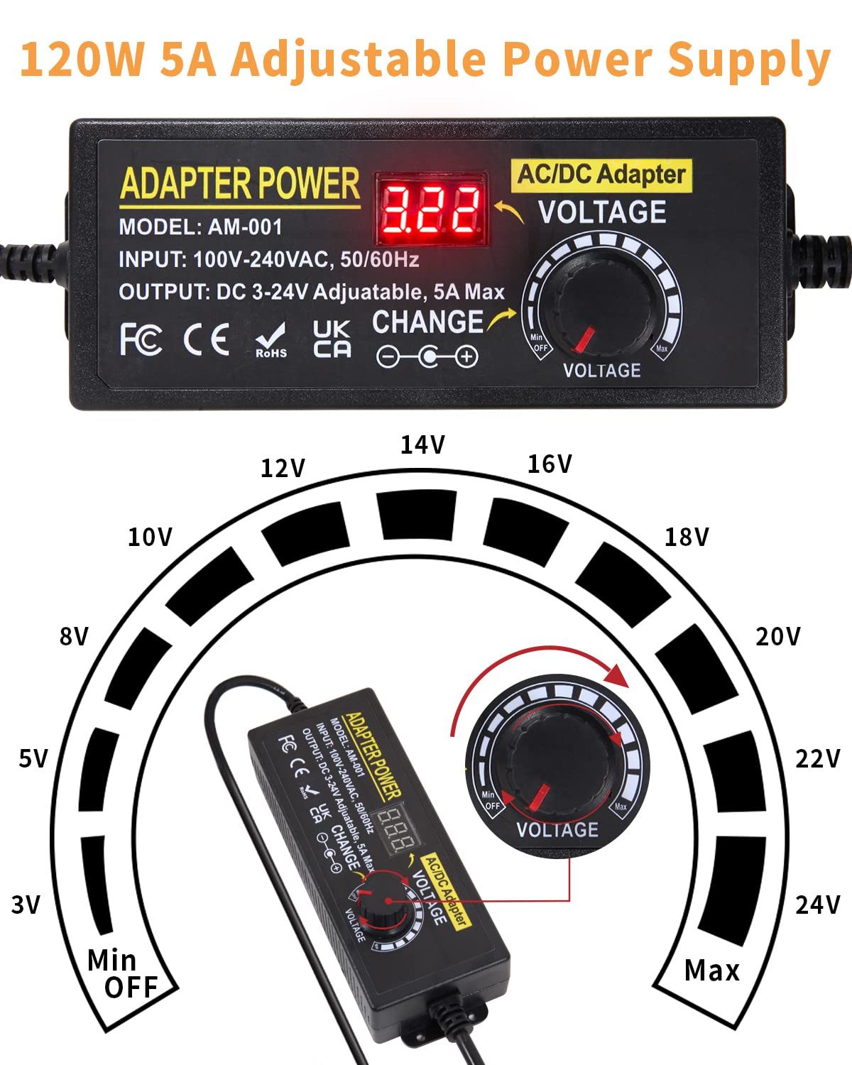 Adaptador de corriente universal con certificación UL – 3 V ~ 24 V 120 W 5 A ajustable CA/CC fuente de alimentación con 14 puntas – 100-240 V 50-60 Hz convertidor variable para luz LED