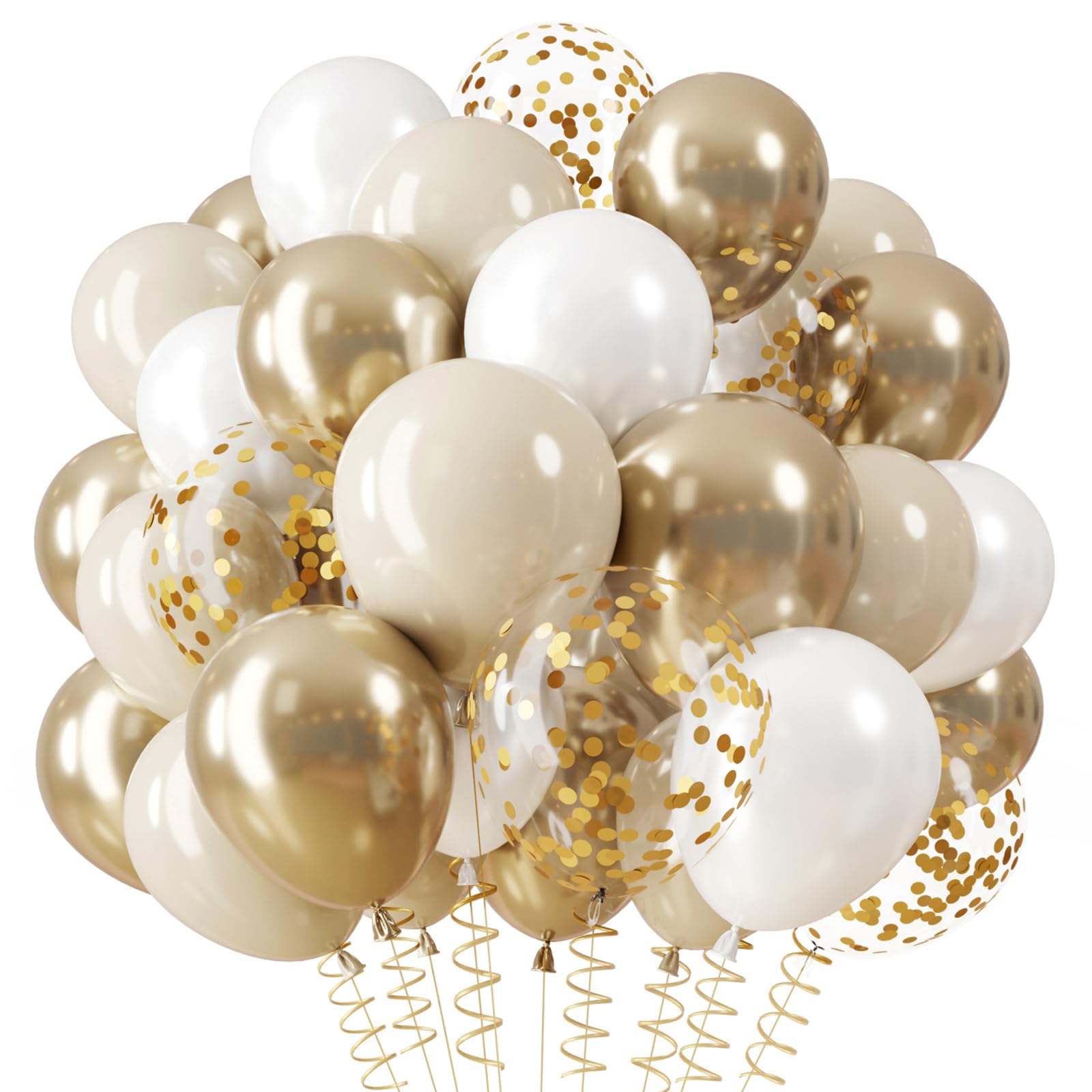 QIFU White and Gold Balloons, 12inch Gold Beige and White Balloons with Golden Confetti Balloon Helium Balloon for Boho Wedding Baby Shower Decorations Engagement Party Bride Shower Communion