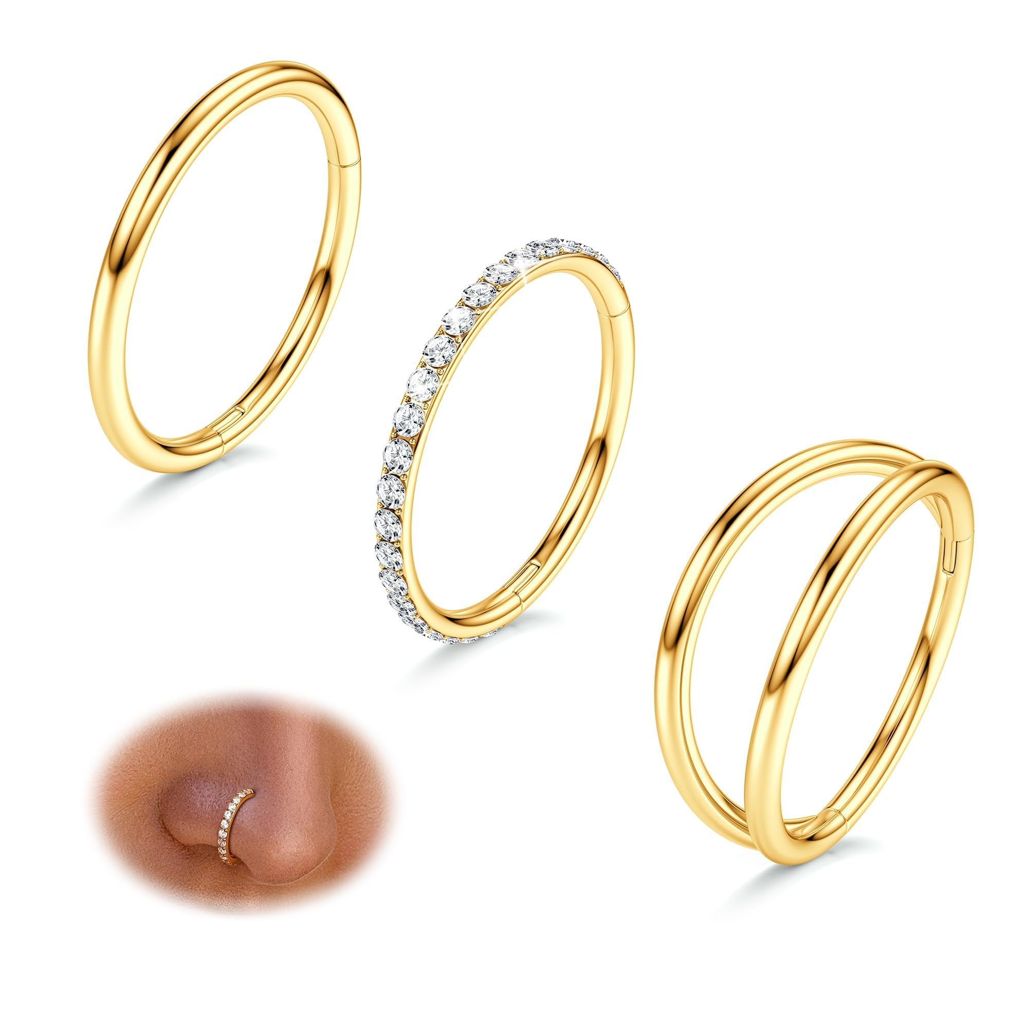 Diamday 3pcs Piercing Nariz 316L Acero Quirurgico Piercing Nariz Aro 16G/18G/20G CZ Concha Piercing Joyería septum Clicker Labio Anillos Cartilaginoso Helix Rook Tragus Daith 7mm/8mm/9mm/10mm