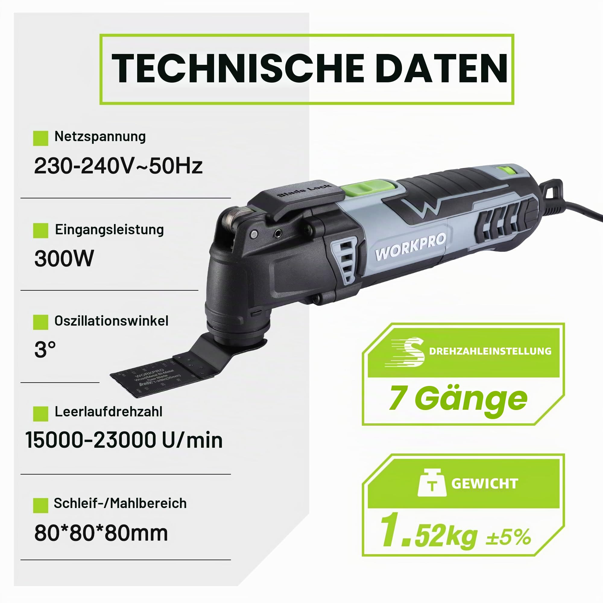 WORKPRO 300W Multifunktionswerkzeug, Oszillierende Säge mit 17 Zubehör und Aufbewahrungstasche, 7 Drehzahl 15000-23000 rpm Oszillationswerkzeug Oszillierer zum Trennen, Schleifen und Schaben