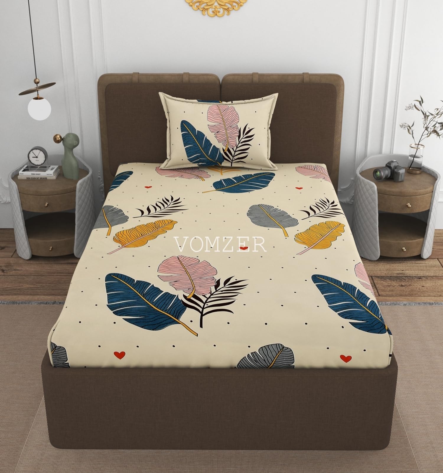 VOMZER Premium 320 TC Fitted Bed Sheet with Full Elastic - Deep Pocket Design - Wrinkle Resistant Fitted Bedsheet 36x72 Single Cream Patta