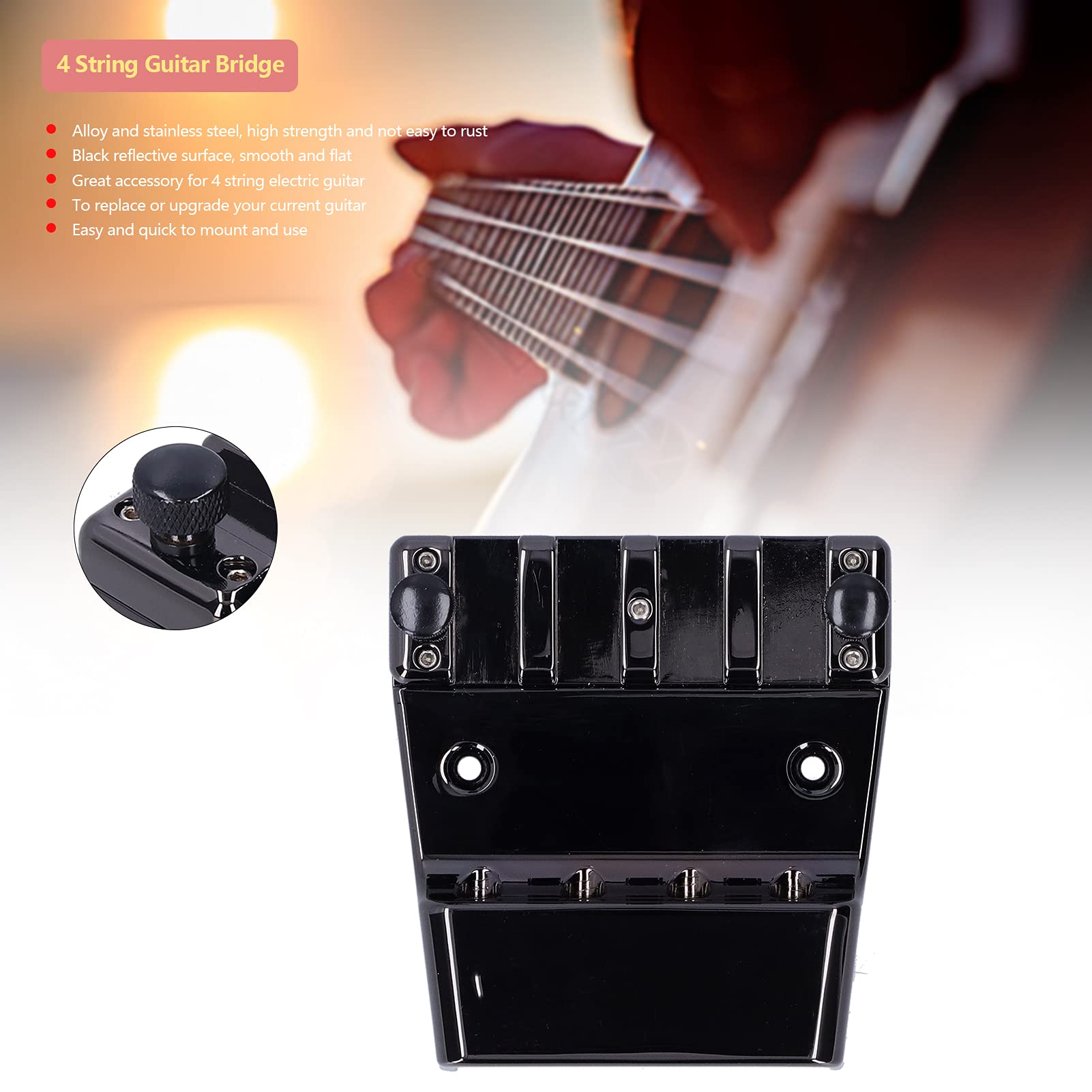 Puente de guitarra de 4 cuerdas de puente fijo de cola rígida de aleación de acero inoxidable para reparación de actualización de bajo eléctrico negro 98,5 x 75 mm