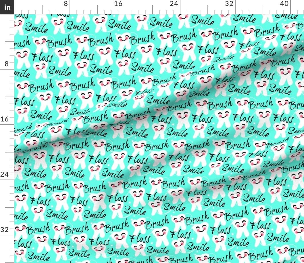 Spoonflower Fabric - Brush Floss Smile Dental Retro Blue Kawaii Tooth Teeth Toothbrush Printed on Petal Signature Cotton Fabric by The Yard - Sewing Quilting Apparel Crafts Decor