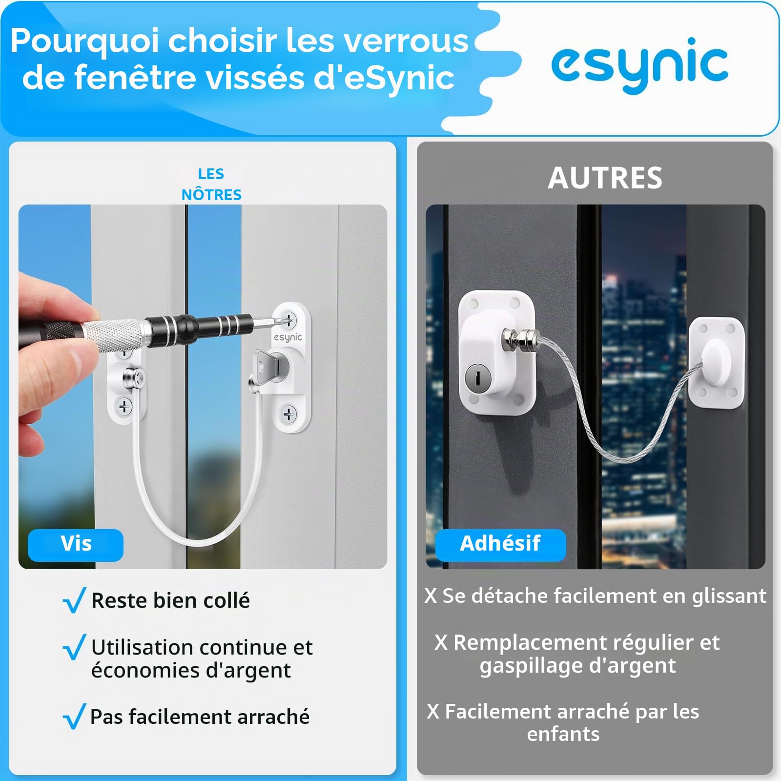 eSynic Pack de 8 verrous de fenêtre solides en alliage de zinc et en acier inoxydable, limiteurs de fenêtre pour UPVC, sécurité enfant, prévention des cambriolages, verrous de sécurité pour fenêtres